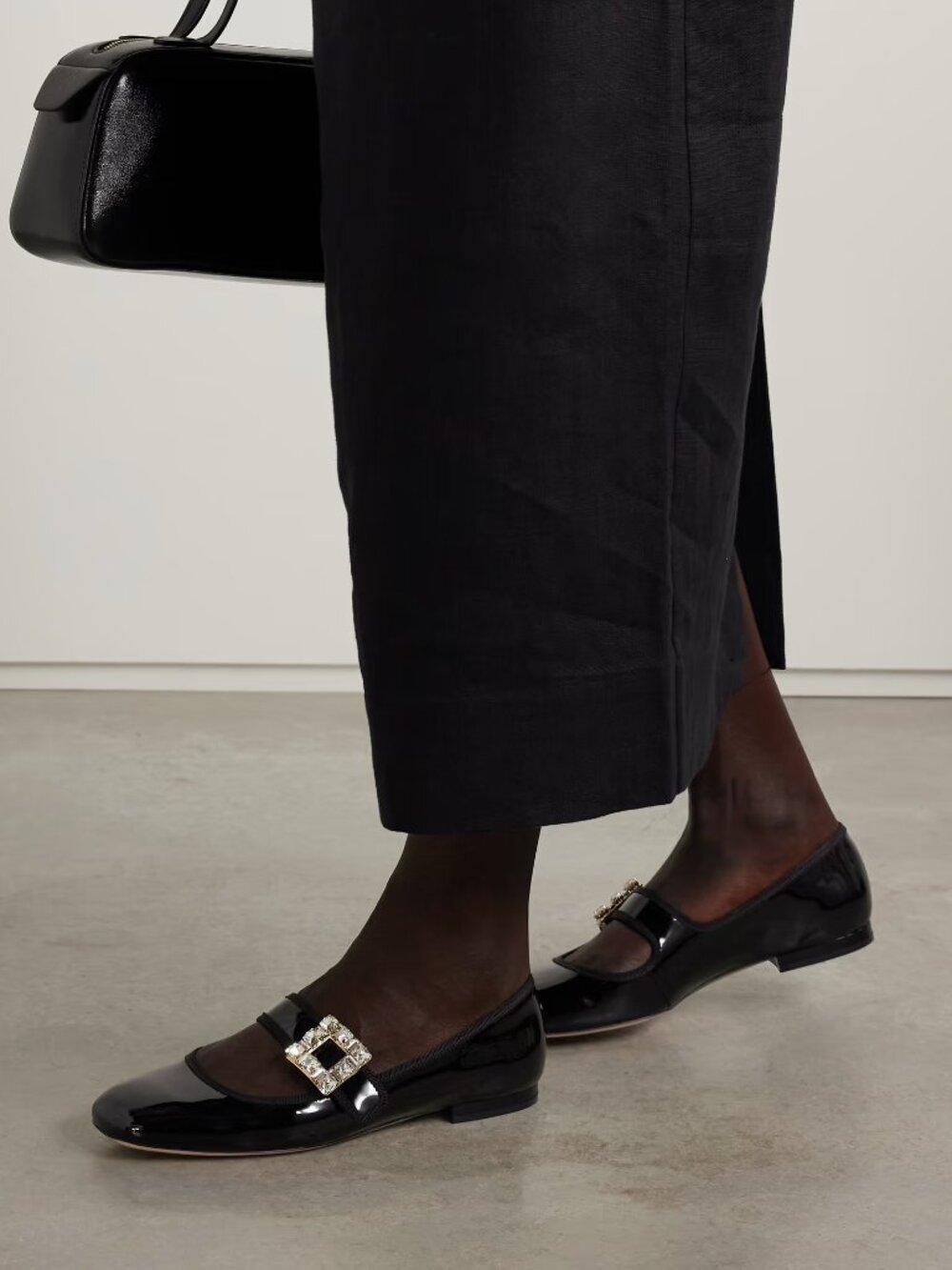 Crystal Embellished Mary-Janes in Black Patent Leather- Size 9